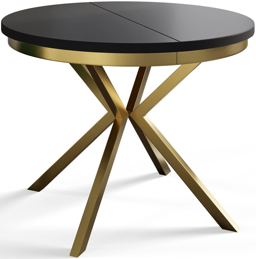 Esstisch Rund Bergo, Esstisch Ausziehbar 120-200 cm, Moderner Wohnzimmertisch, Schwarz mit Metallbeinen in Gold