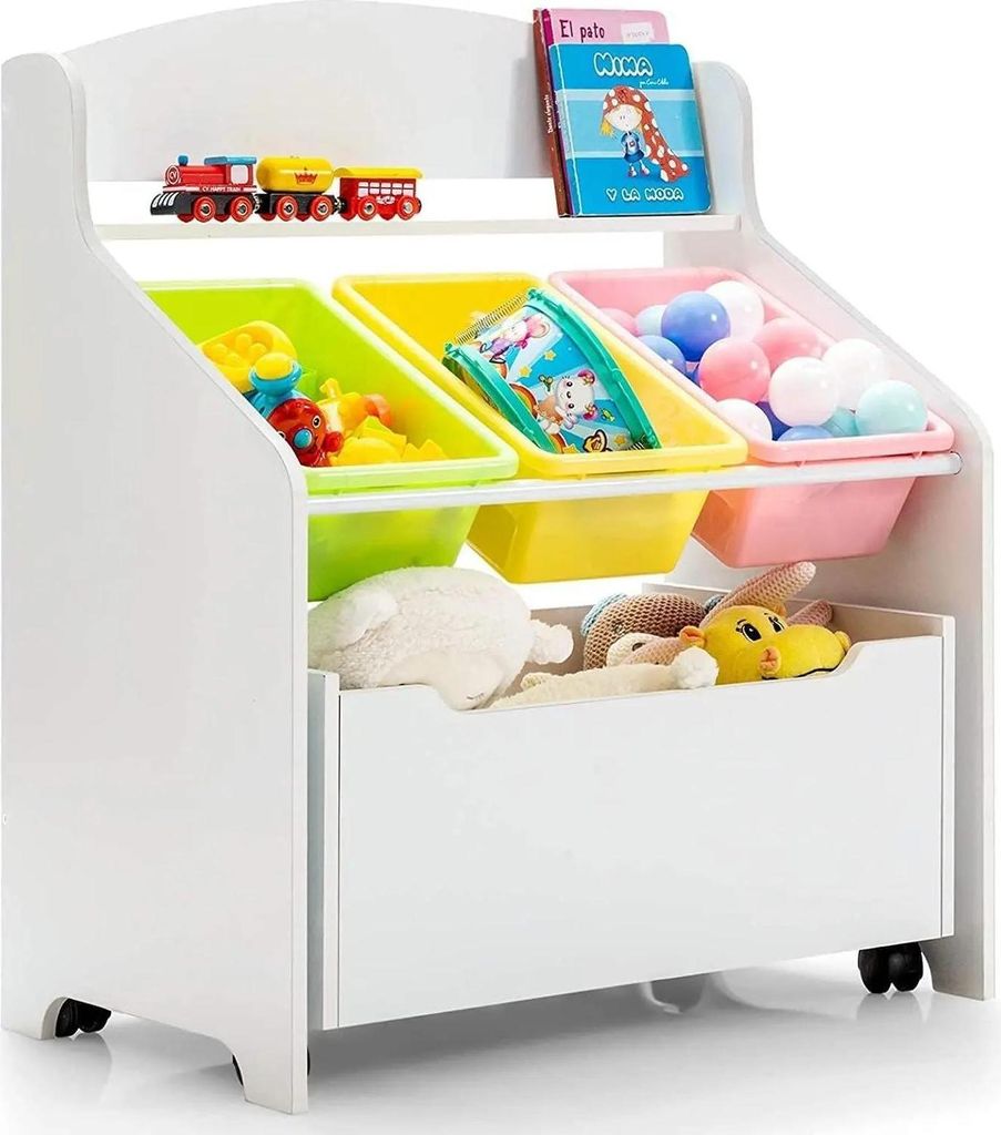 Kinder Bücherregal - Spielzeugregal - Rollbares Fach - 3 Aufbewahrungsboxen - Offene Ablage - Holz - Weiß