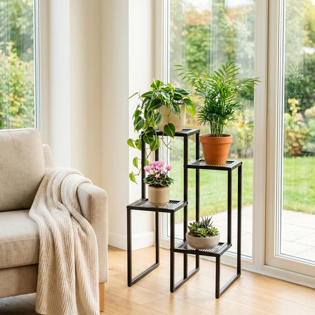 Blumenständer 4 Etagen klein, Pflanzenständer Metall schwarz Indoor Outdoor, Blumentreppe asymmetrisch Wohnzimmer Küche Balkon, Treppenregal 40 ...
