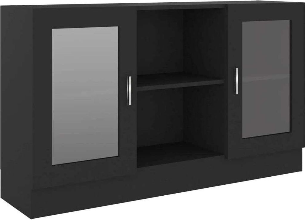 A studio shot of a black sideboard with two glass-fronted cabinets and open shelving in the middle.