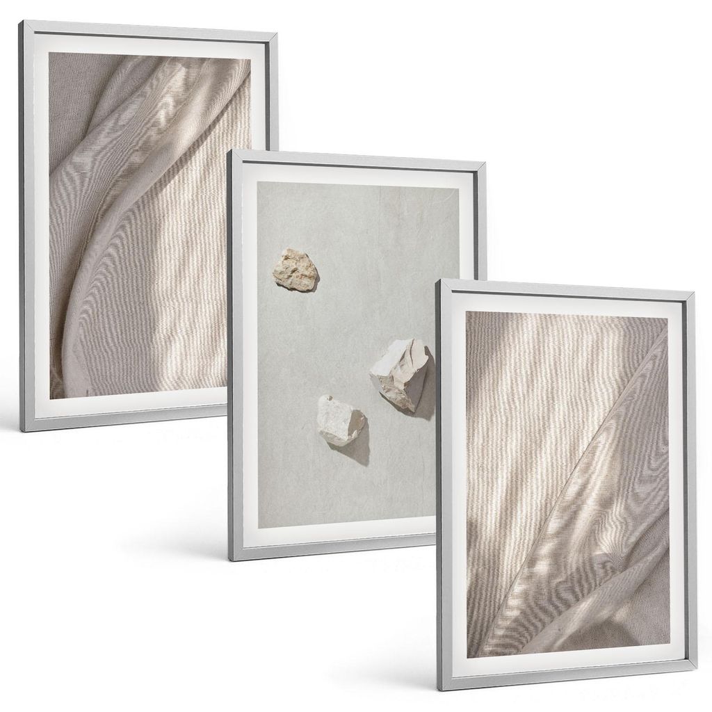 Bilder Set 3-teilig im silbergerahmten Rahmen – Wandbilder 3 Stück – gerahmte Poster für Wohnzimmer, Schlafzimmer und Flur – 40x60 cm – N...
