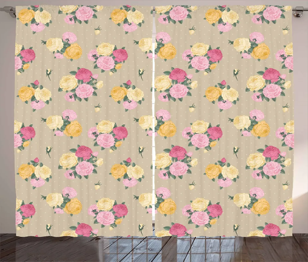 ABAKUHAUS Tenda rustica rosa, vintage rosa con pois a treccia, tenda con passanti e ganci per camera da letto, 280 x 245 cm, multicolore