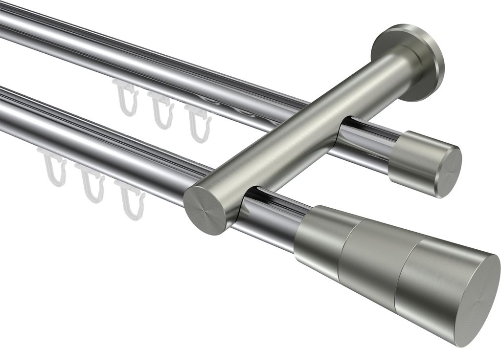 Interdeco Innenlaufstange / Gardinenstange mit Innenlauf Chrom / Edelstahl-Optik, Typ Platon Tanara (Konus), 20 mm Ø 2-läufig, 480 cm