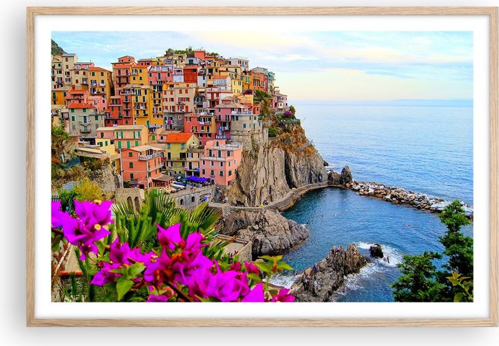 Gerahmtes Poster - Rahmen in heller Eiche - Italien küste felsen landschaft - 91,5x61 cm - Wand Bild - Wanddeko - Wandbilder - Wandposter - Bilder...