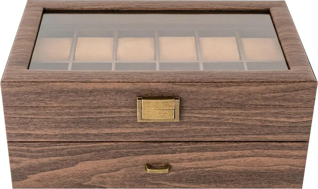 Boîte à montres 24 emplacements en bois et cuir PU marron haut de gamme