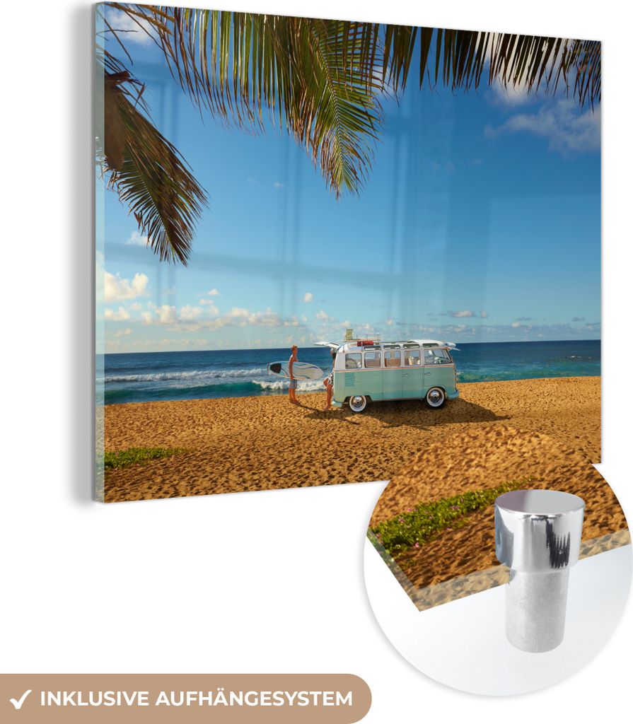 MuchoWow Glasbilder - Bilder auf Wandbild - Foto auf Glas Strand - Bus - Surfen 80x60 cm Wanddekoration aus Glas - Acrylglasbild - Acrylbilder - Wa...
