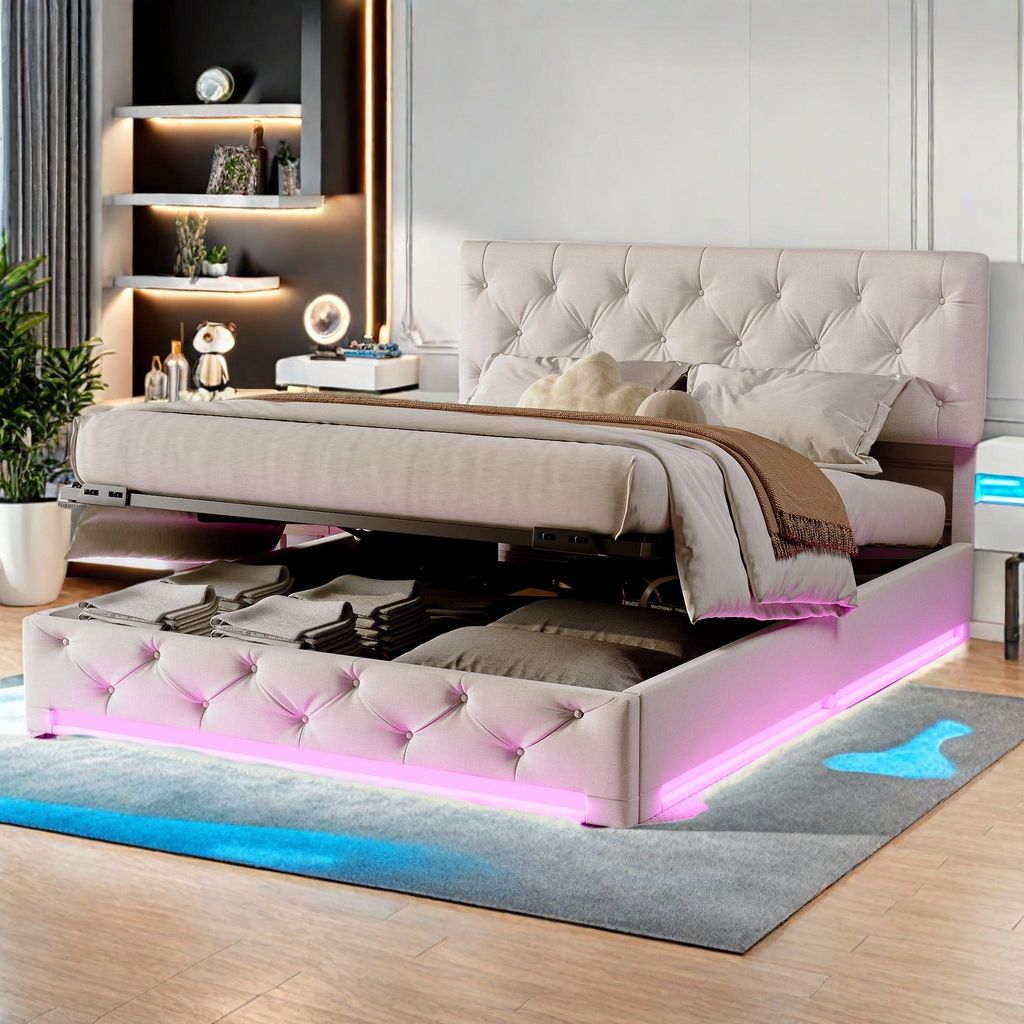 160x200 cm großes Stauraumbett aus beigefarbenem Stoff mit RGB-LED-Beleuchtung, verstellbarem, gepolstertem Kopfteil und großem hydraulischem Sta...