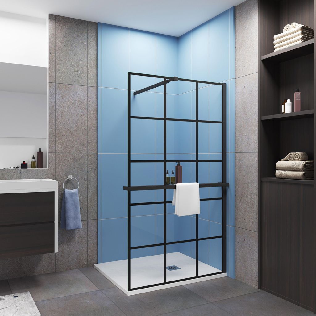 Duschparadies 100x200cm 8mm NANO Glas Walk In Schwarz Duschwand Mit Glasdekor Gitter Mit Duschregal Mit Stabilisator F084B