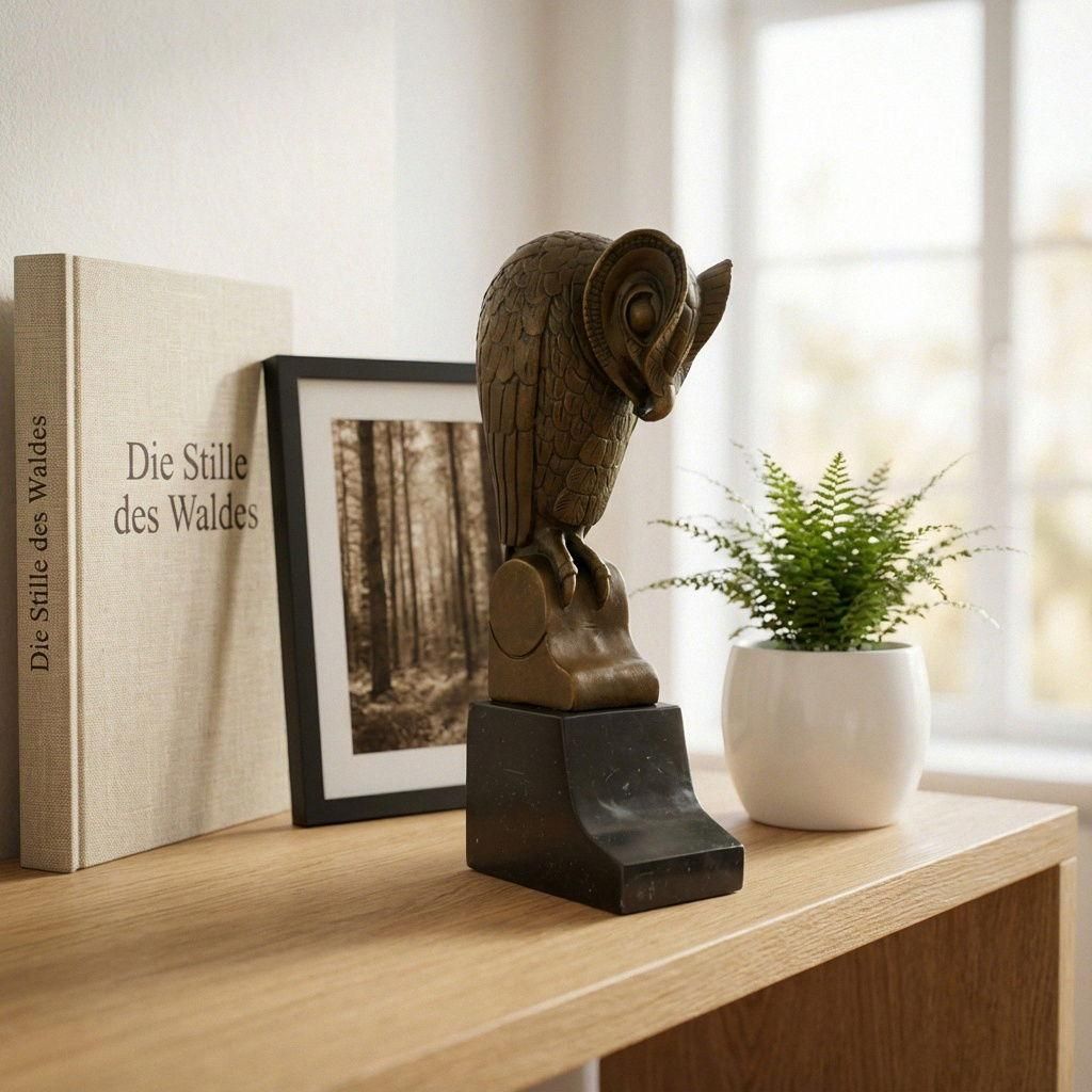 Hochwertige Bronze Eulenfigur, patiniert, auf schwarzem Steinsockel, H.25 cm