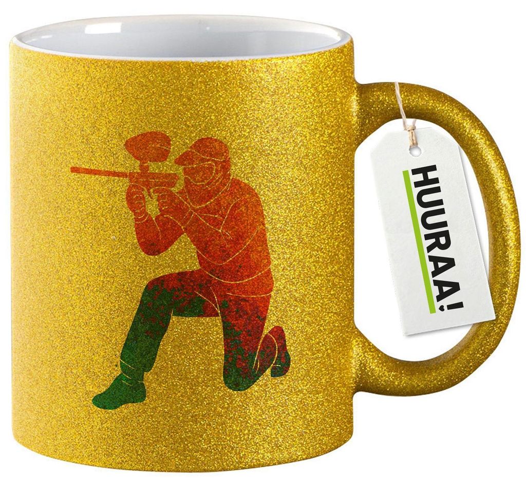 Huuraa Glitzertasse Paintball bunte Silhouette 330ml Gold Keramik Kaffeebecher Geschenkidee