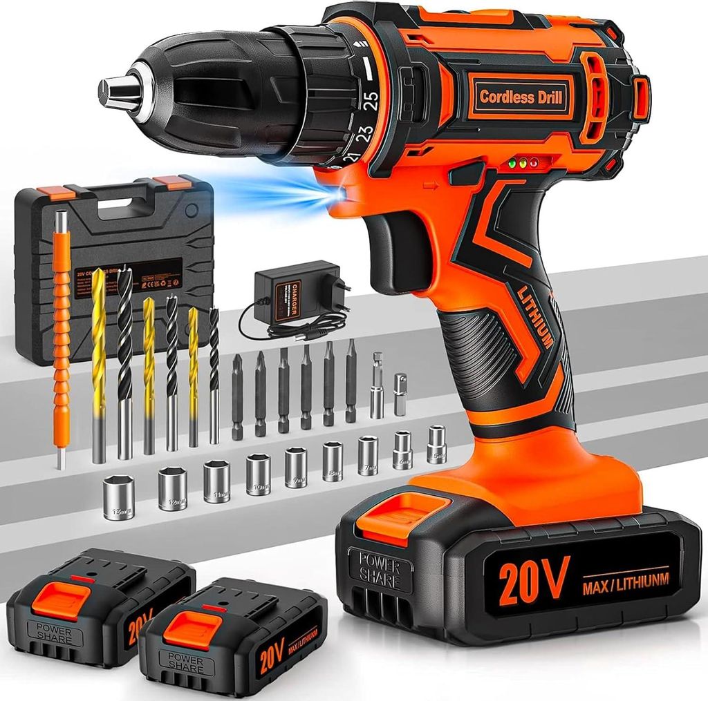 Schnurloses Schraubendreher, 20 V-Bohrer-Set 2 Batterien 2,0 AH, 42 nm Drehmoment, 25 + 1 Drehmoment, 10 mm Spannfleisch, 2-Gang, LED-Licht, 24-teilig