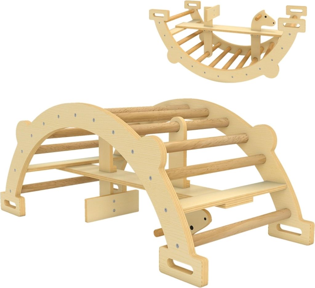 Klettergerüst Indoor, 2 in 1 Kletterbogen aus Holz, für Kinder 2-4 Jahre, 110x52x45 cm, Naturholz