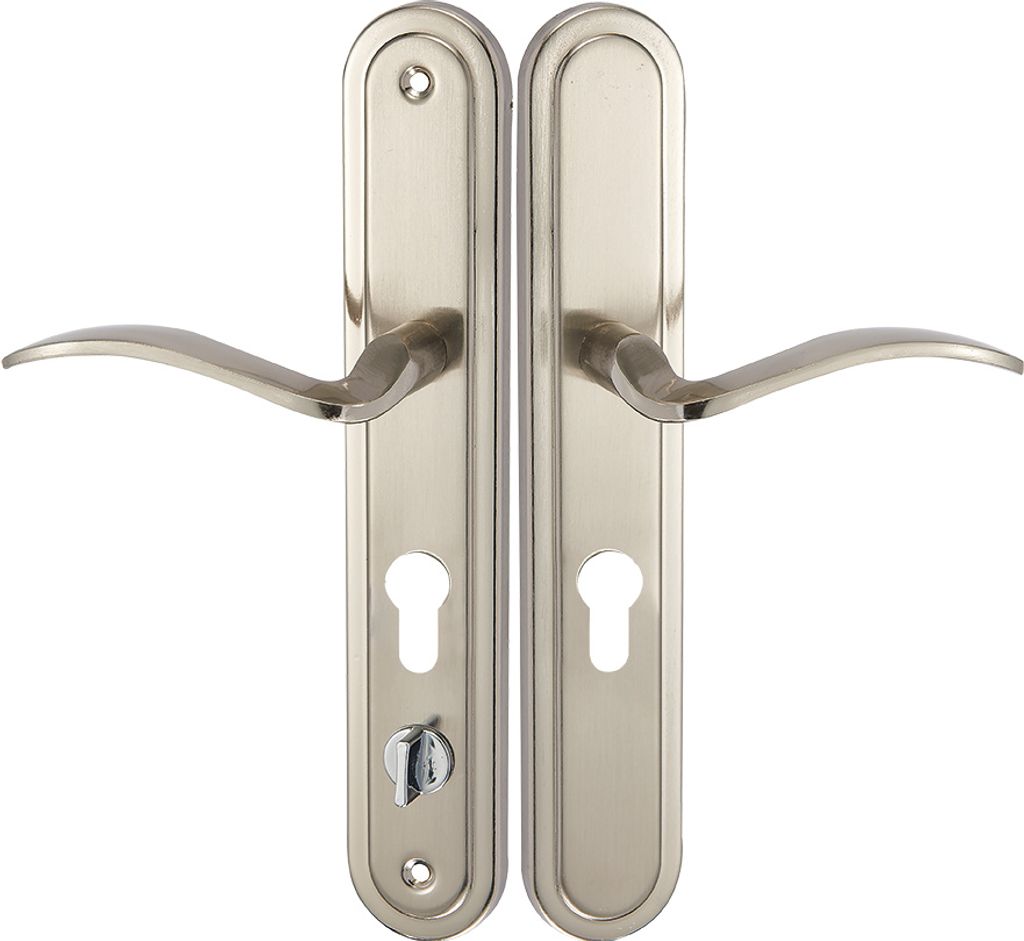 A pair of door handles with keyholes and a lock mechanism, presented against a white background.