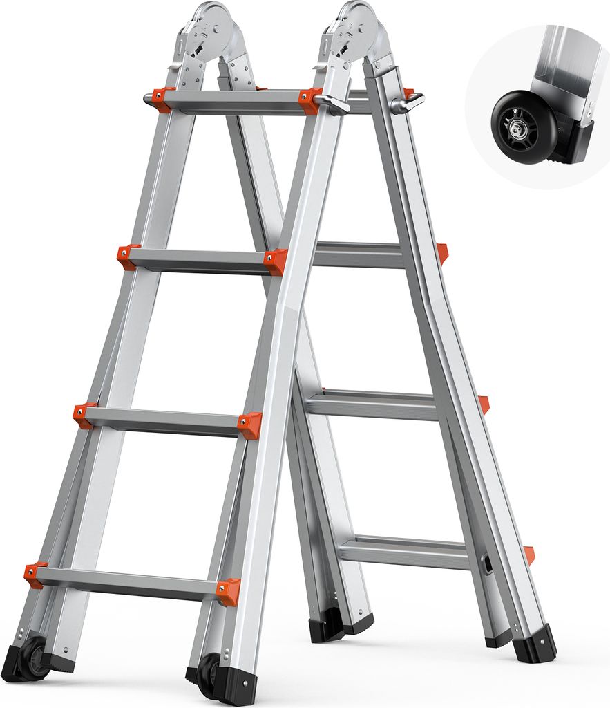 A silver, A-frame telescopic ladder with orange accents and black feet and wheels, shown against a white background.
