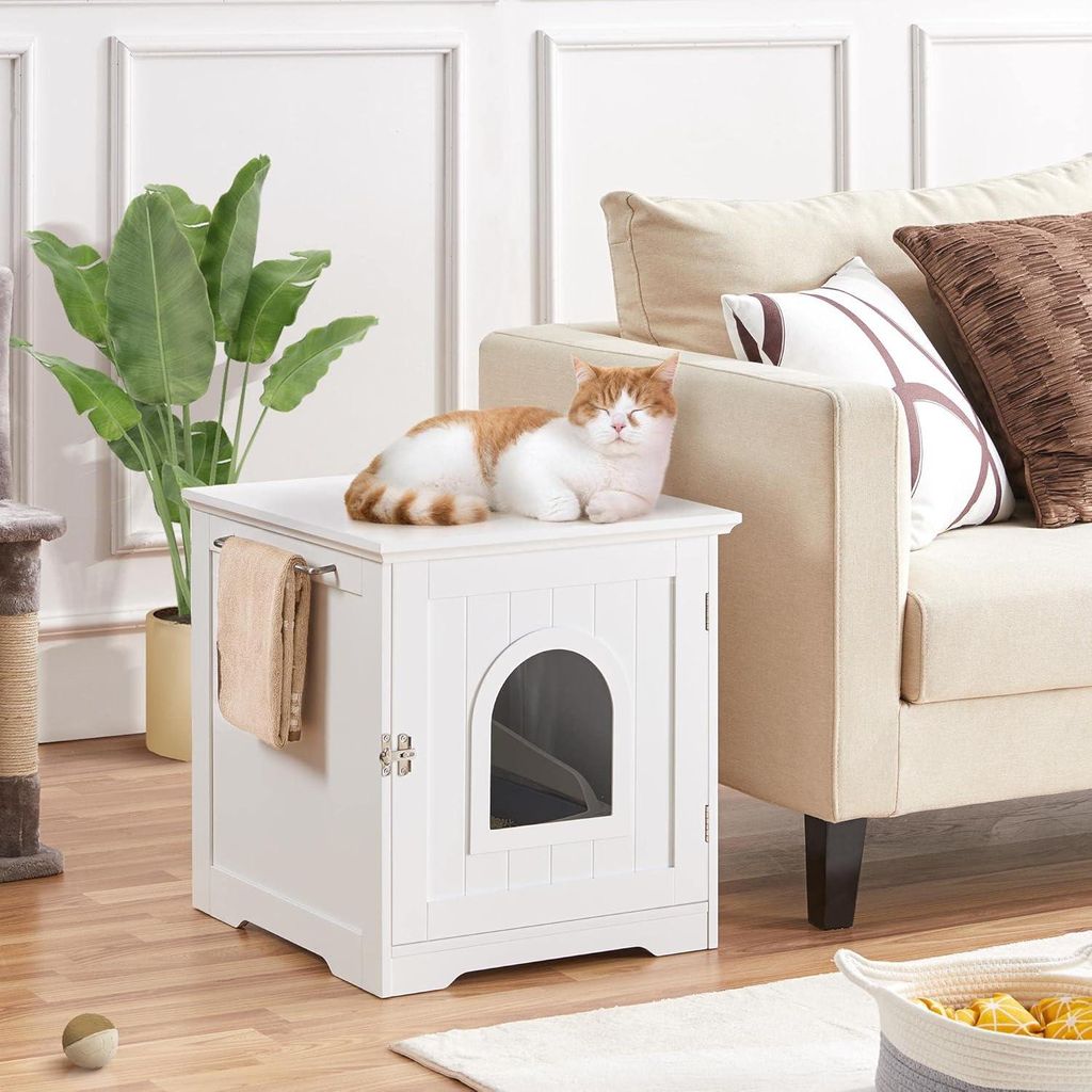 Katzenhaus - weißes geschlossenes Katzenklo - Eingang und Handtuchhalter - Schrank für Katzen und Hunde - Haustier - 48,5 x 51 x 51,5 cm - Holz