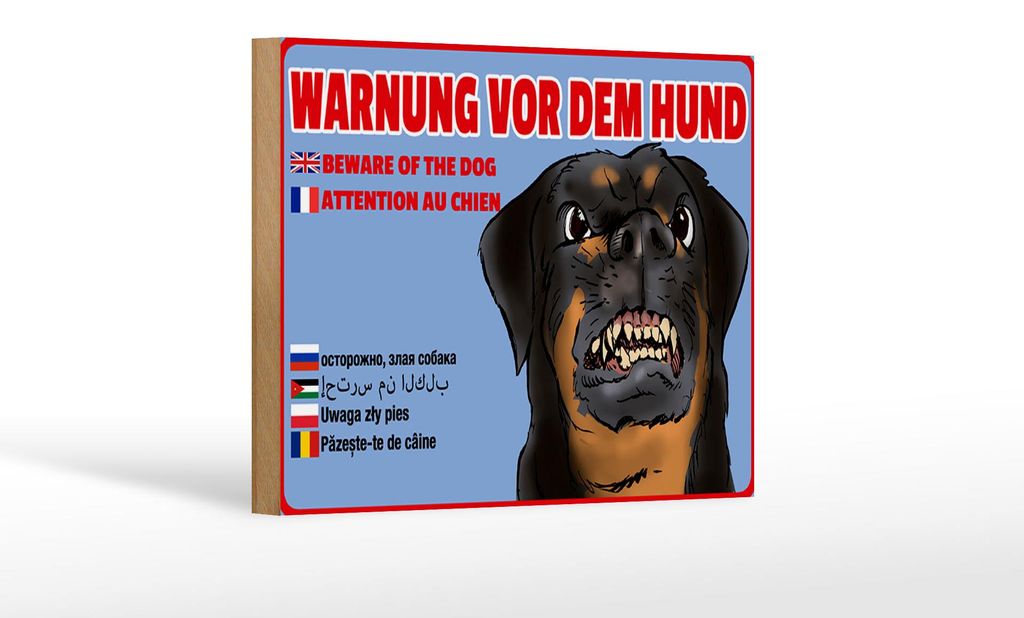 Holzschild Hinweis 18x12 cm Warnung vor Hund Multi Sprachen