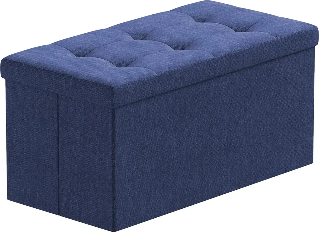 Coffre de rangement pliable en lin bleu marine 76cm, assise matelassée