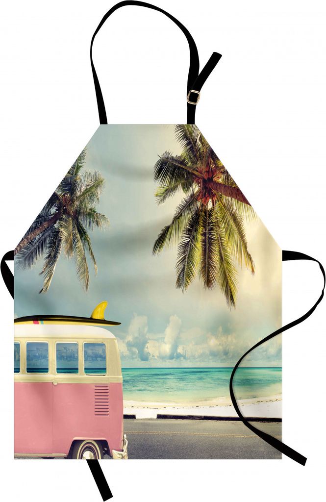 ABAKUHAUS Surfen Kochschürze, Minivan am Strand Retro inspirierte Urlaubswolken im Sommer Sky Honeymoon Destination, Farbfest Höhenverstellbar Wa...