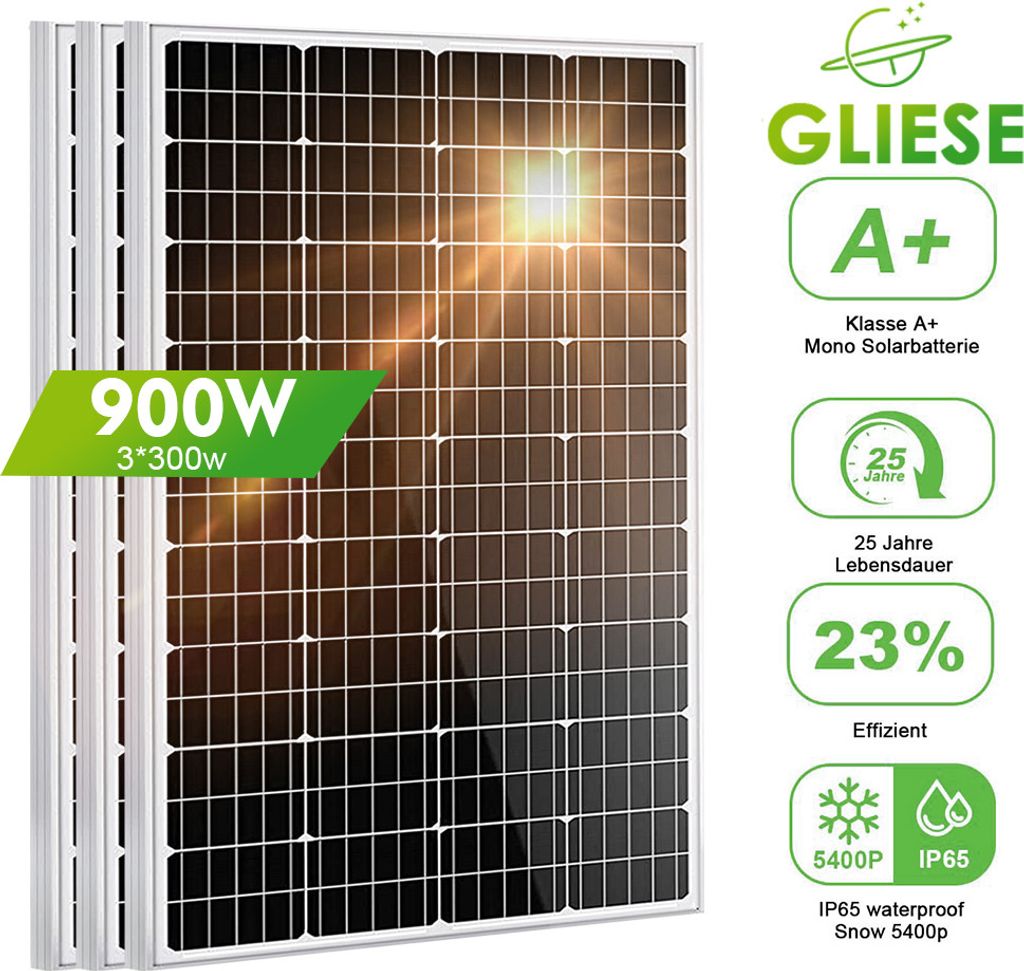 900W Solarmodul Solarpanel 3x300Watt 18V PV Solarzelle Monokristallin Wohnmobil Rooftop RV