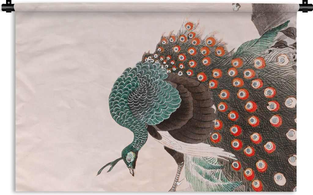 MuchoWow Wandteppich Wandbehang Pfau - Japanisch - Pfauenfedern - Vintage 150x100 cm Tapisserie Dekoration Wandtuch - Waschbar - Tapisserien - Wa...