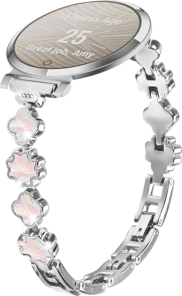 INF Elegantes Metallarmband mit Klee und Perlmutt für Garmin Lily 2 Silber