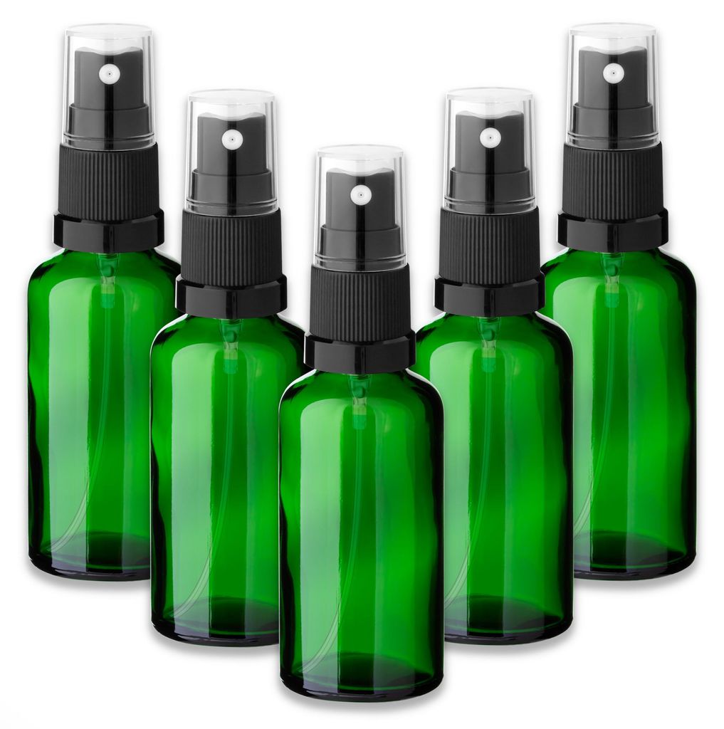 5x Grüne Glasflasche 50 ml mit schwarzem Zerstäuber Produktbild 