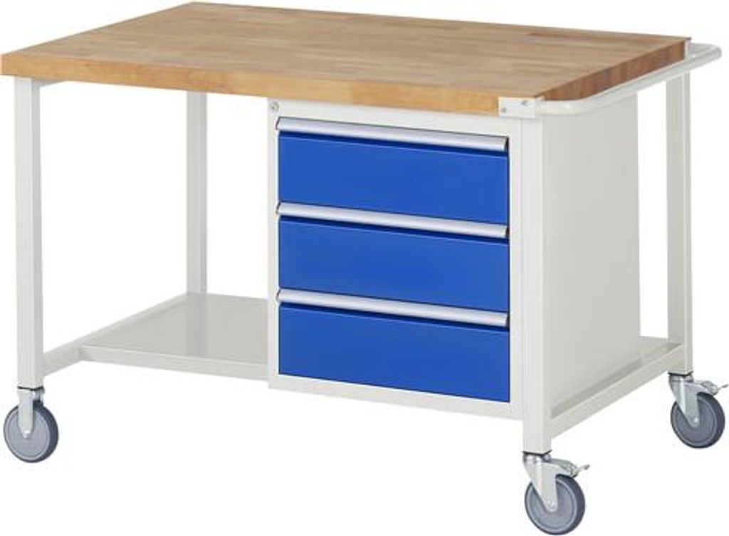 Mobile Werkbank mit Ablageboden - 3 Schubladen - Vollauszug - 180:3 - höhenverstellbar 880-1.080 mm - 1.250 x 900 mm (BxT) - Traglast 450 kg