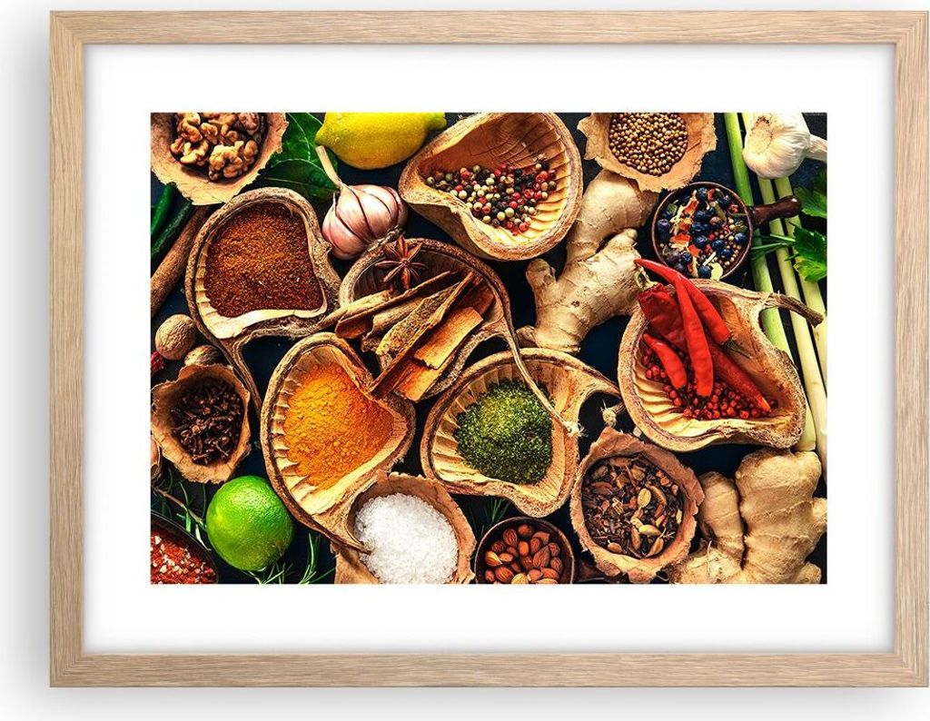 Gerahmtes Poster - Rahmen in heller Eiche - Küche Essen Kräuter Gewürze - 40x30 cm - Wand Bild - Wanddeko - Wandbilder - Wandposter - Bilderrahm...