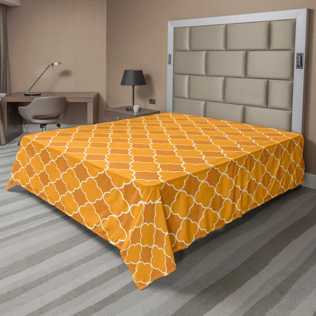 ABAKUHAUS Lenzuolo Quatrefoil, motivo Girih a forma di trifoglio, griglia orientale tradizionale, fiori orientali arabi, lenzuolo morbido e confortevole per un letto decorativo, 1 pezzo, 275 cm x 260 cm, marrone giallo - 1