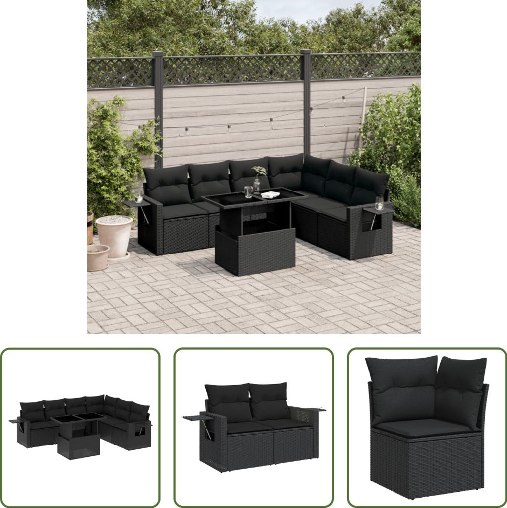 The Living Store 7-tlg. Garten-Sofagarnitur mit Kissen Schwarz Poly Rattan