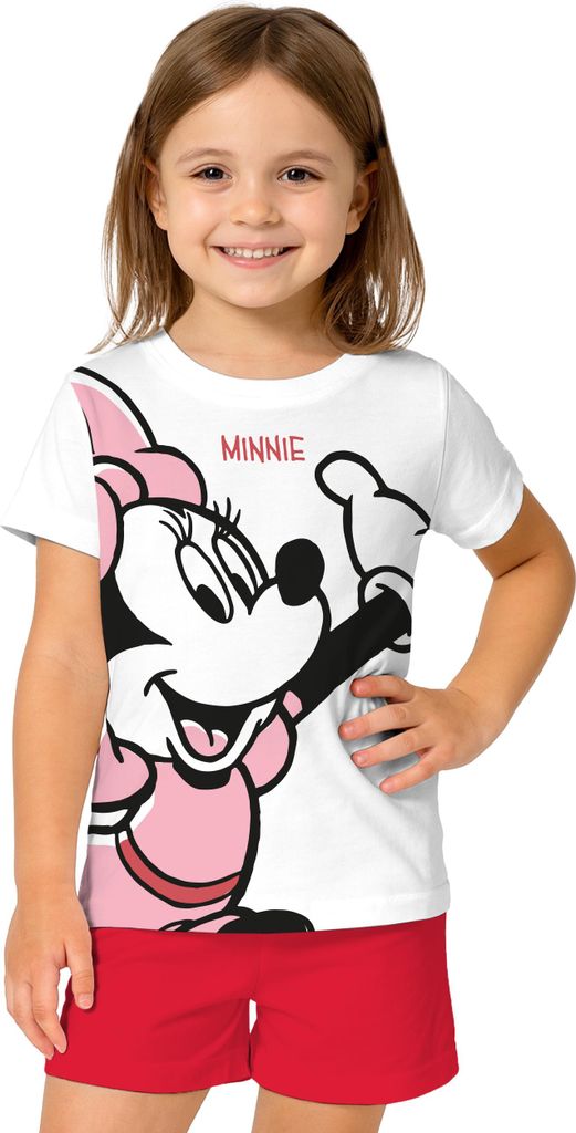 Disney Minnie Mouse Schlafanzug für Mädchen - Kinder Pyjama Set Kurzarm Oberteil mit Hose Weiß/Rot 98-104
