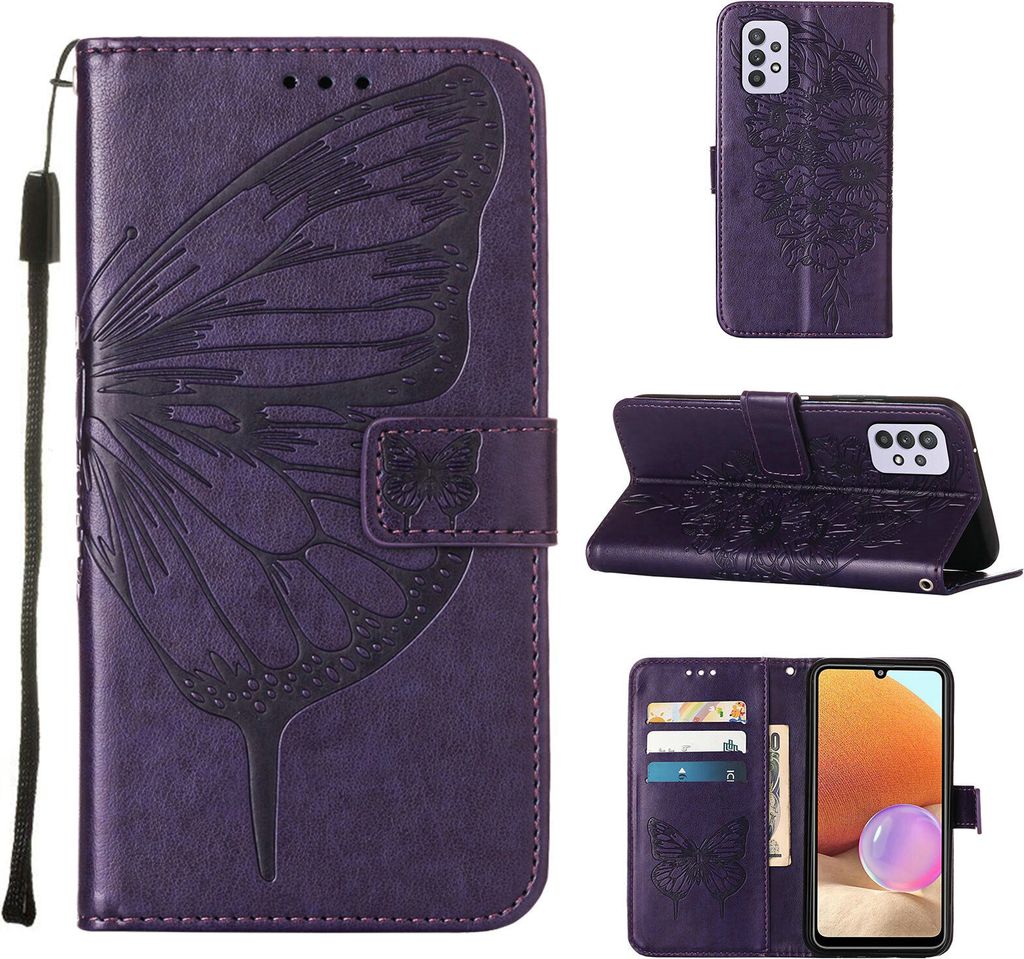 Galaxy A32 5G Hülle, Schmetterling Prägung Flip Leder Kartenfächer Schutzhülle Ledertasche mit Ständer für Samsung Galaxy A32 5G Lila