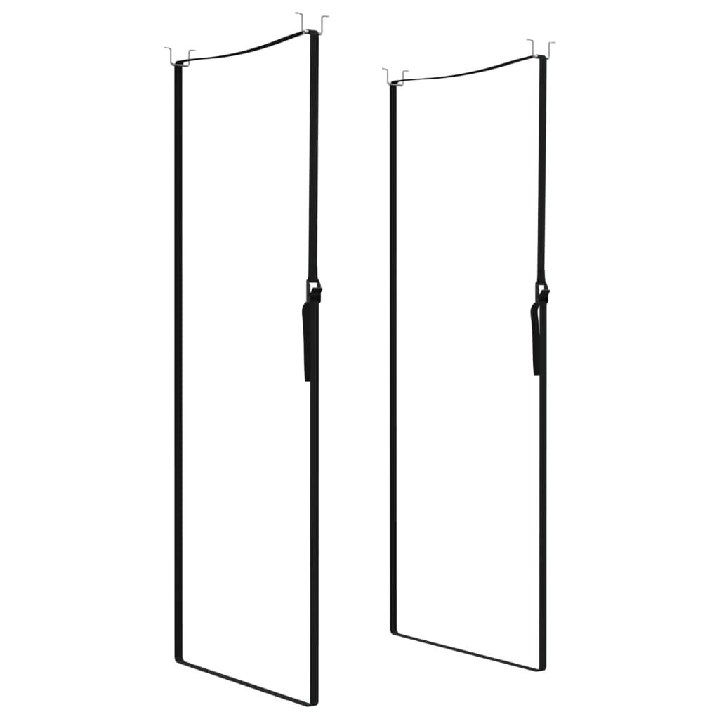 Two black rectangular frames with hooks at the top, suspended against a white background.