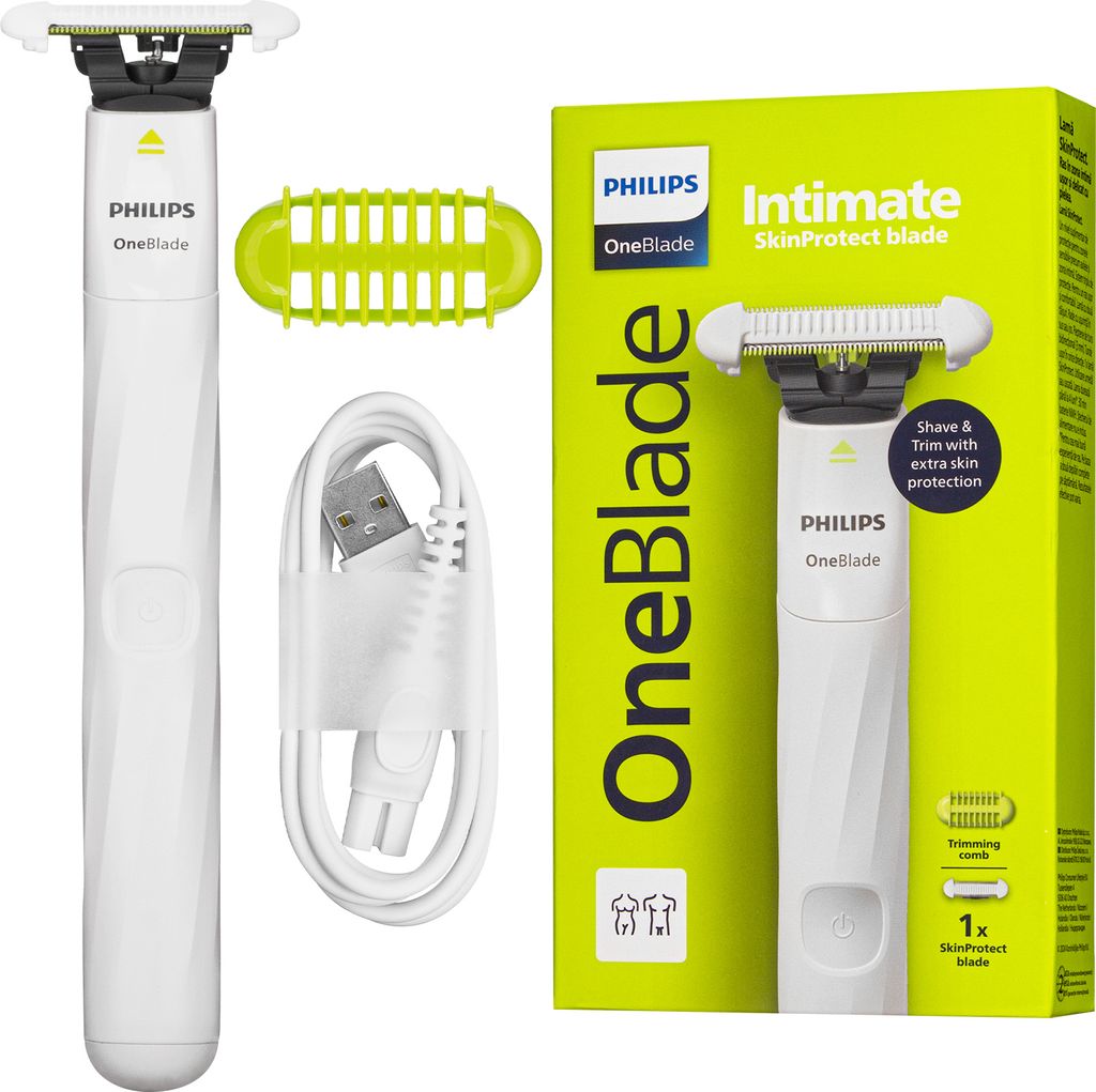 A product shot showing the Philips OneBlade shaver, its accessories, and its packaging.
