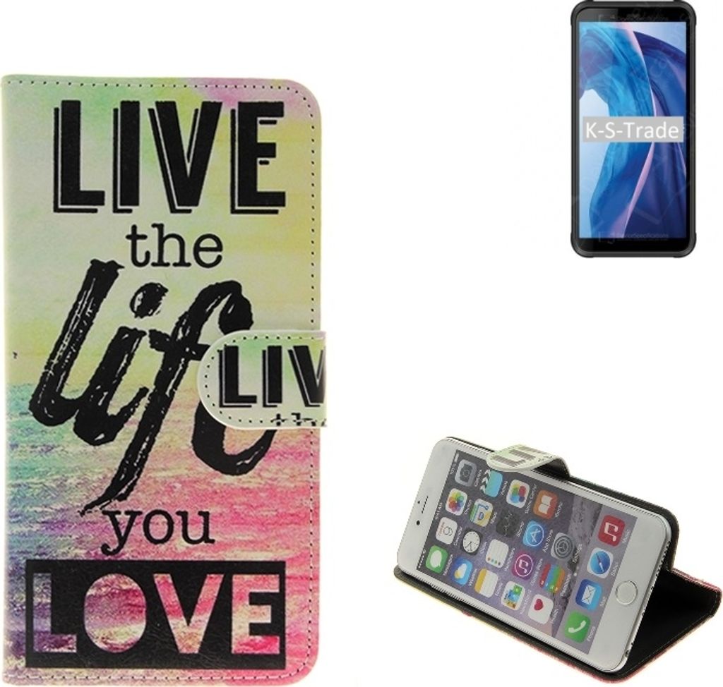 K-S-Trade Schutzhülle Handyhülle kompatibel mit Blackview BV6300 360° Wallet Case ''live life love'' Klapphülle Tasche Etui Smartphone Flip cover
