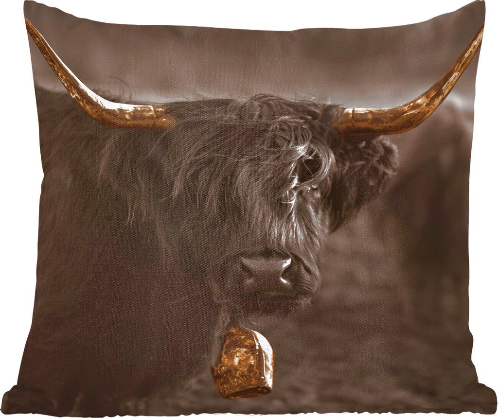 MuchoWow Zierkissen Sofakissen Wohnzimmer Dekokissen 60x60 cm Schottisches Hochlandrind - Gold - Kuhglocke - Sitzfläche - Foto Polster