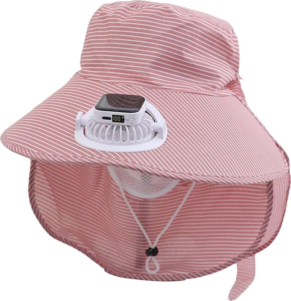 Solar-Ventilator-Hut, gestreift, breite Krempe, Sonnen-Eimerhut mit eingebautem Ventilator, UV-Schutz, Fischerhut mit Nackenklappe für Outdoor-Cam...