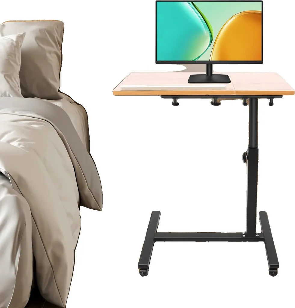 Bureau mobile pliable en acier et MDF avec plateau réglable 58-90 cm