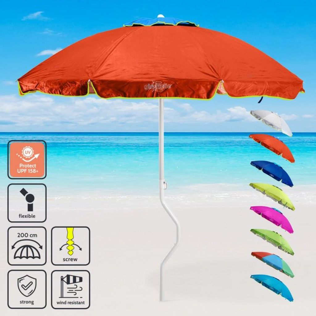An orange beach umbrella is displayed on a sandy beach with the ocean and sky in the background. Several other colored umbrellas are shown to the right.