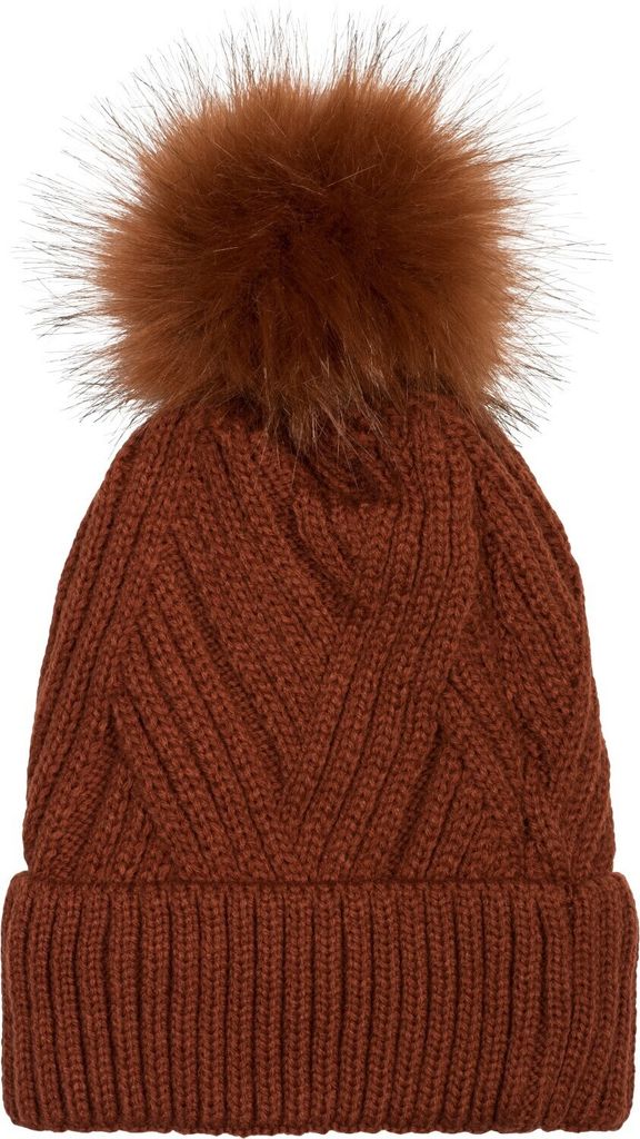 styleBREAKER Damen Strick Bommelmütze mit Rippenstrick Muster und Fleece Futter, Winter Fellbommel Mütze 04024167