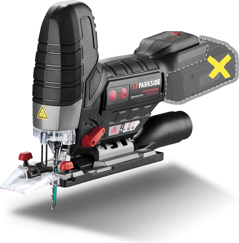 A black and gray cordless jigsaw with a clear base plate and a yellow 'X' marking on a dashed outline of a battery pack.