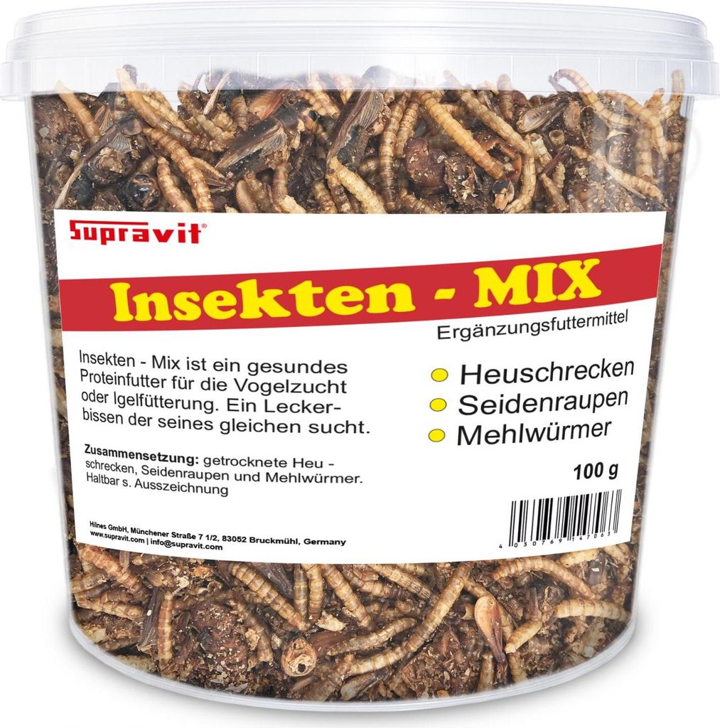 Supravit Vogelfutter Insekten Mix 100g | getrocknetes Insektenfutter für Vögel & Igel | Mit Mehlwürmern, Seidenraupen, Heuschrecken