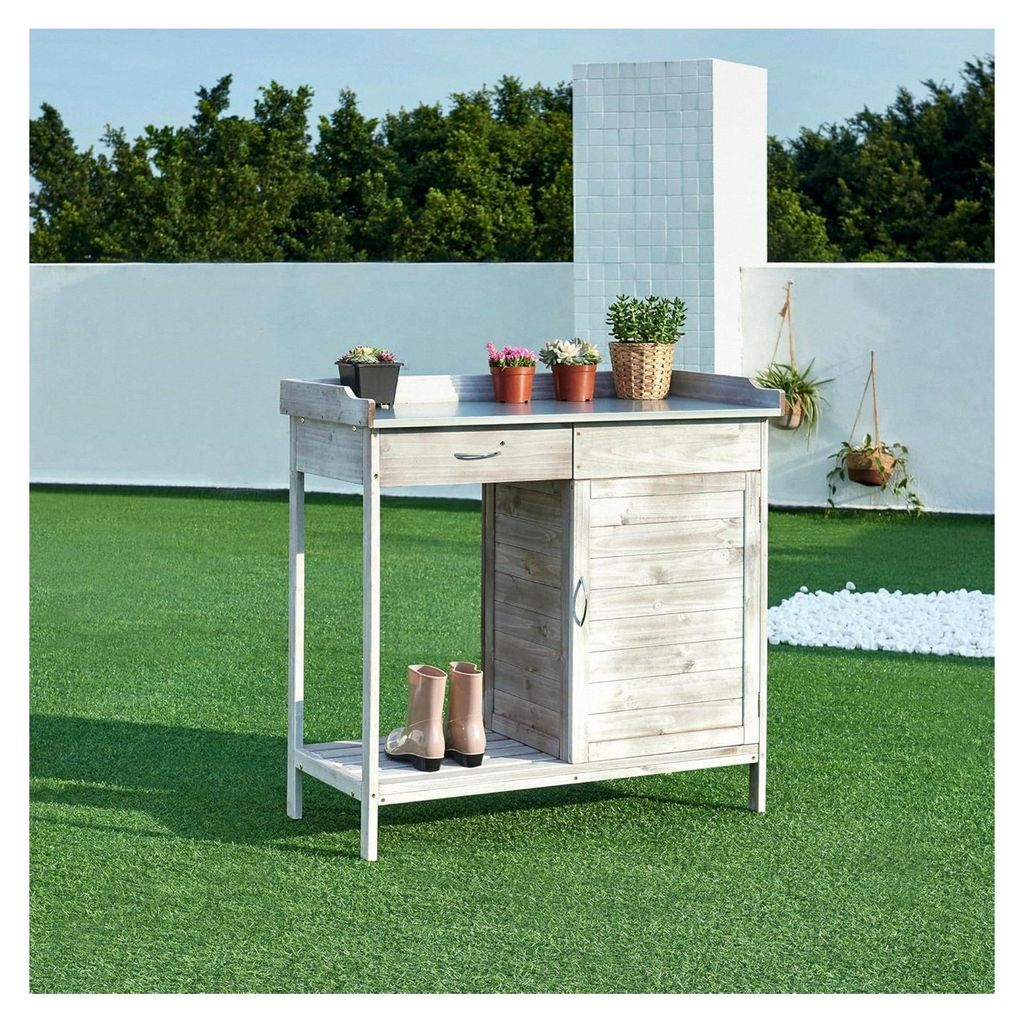 Pflanztisch Aliano Gärtnertisch mit verzinkter Arbeitsplatte und Unterschrank aus Tannenholz Grau 98 x 48 x 94 cm