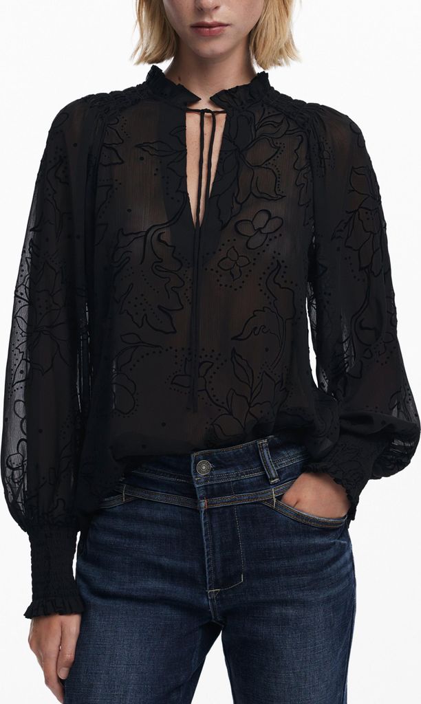 Damen Langarmbluse Schwarz mit Kontrastelementen und Logo-Detail