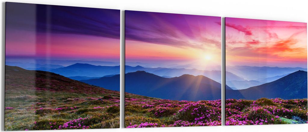DEQORI Glasbild Echtglas 3x50x50 cm 'Blühende Bergwiese' Wandbilder XXL groß