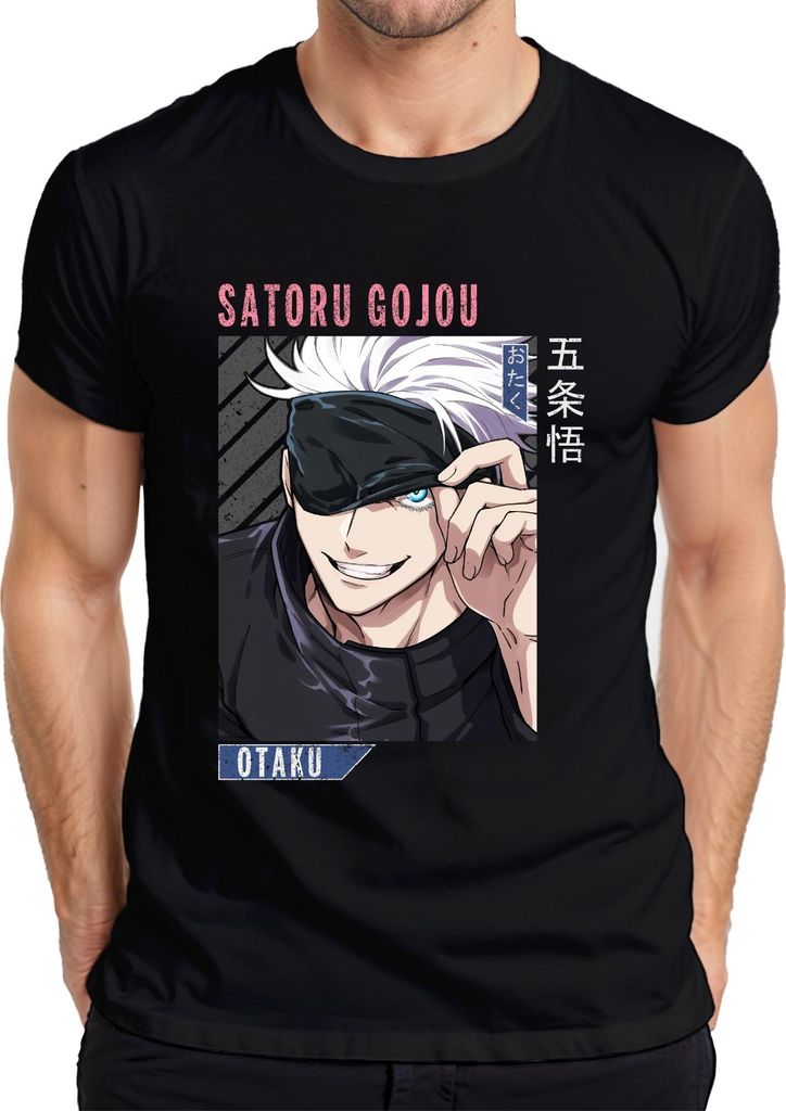 Satoru Gojou Jujutsu Kaisen Anime Otaku Augenbinde weiße Haare Herren T-Shirt, Schwarz, XXL