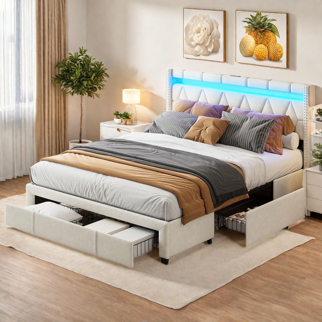 160 x 200 cm großes Bett mit rautenförmigem Kopfteil, LED-Beleuchtung und USB-Anschlüssen, 4 Metallschubladen, beigefarbenem Leinenbezug, modern...
