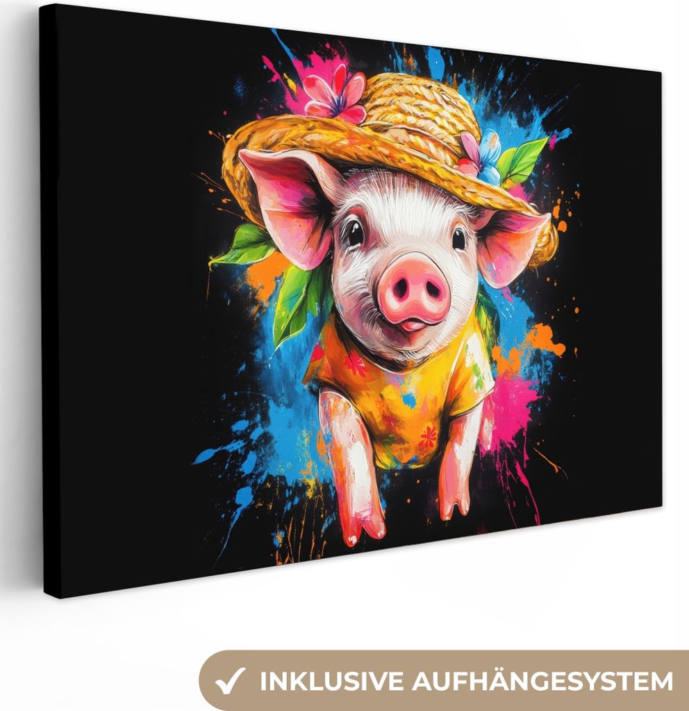 MuchoWow - Leinwandbilder - Graffiti - Sommer - Schwein - Lustig - Tier, Wandbild, Wanddeko Bilder Wohnzimmer, 30x20 cm