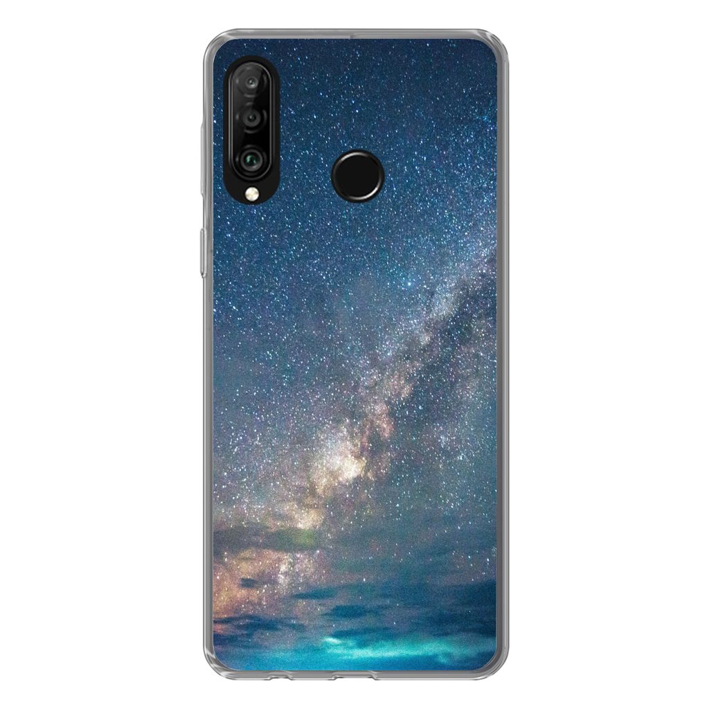 MuchoWow Handyhülle Schutzhülle Hülle für Huawei P30 Lite Sterne - Sonnensystem - Türkis - Jungen - Mädchen - Kinder Silikon Softcase Handy...