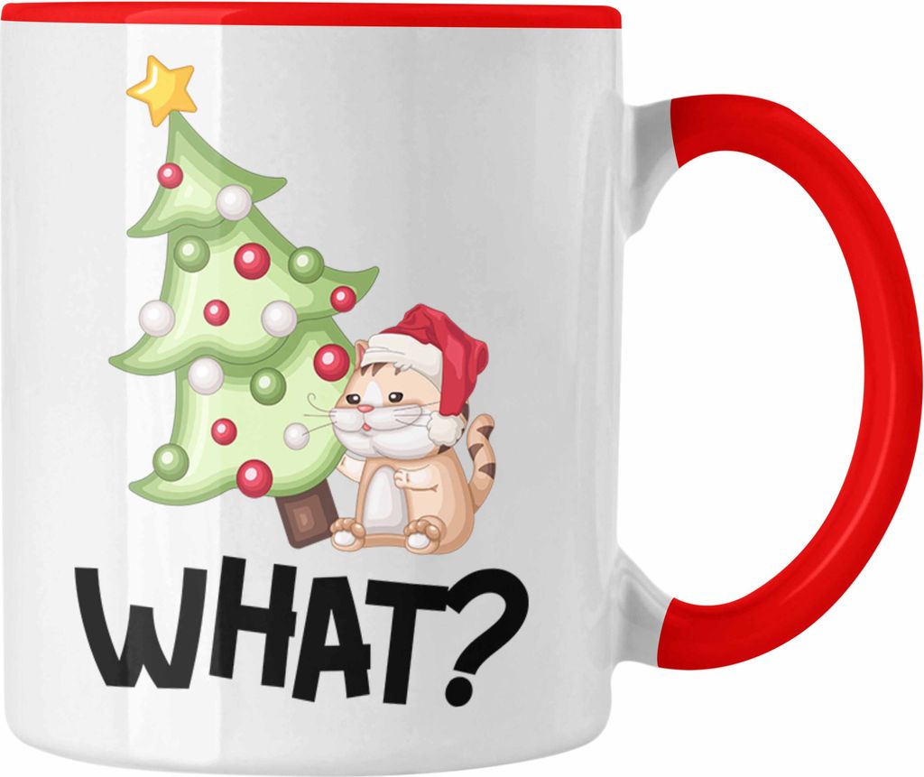 Trendation - Lustige Katzen Tasse Weihnachten Grafik Geschenk für Katzen-Besitzer What? Kaffee-Becher (Rot)